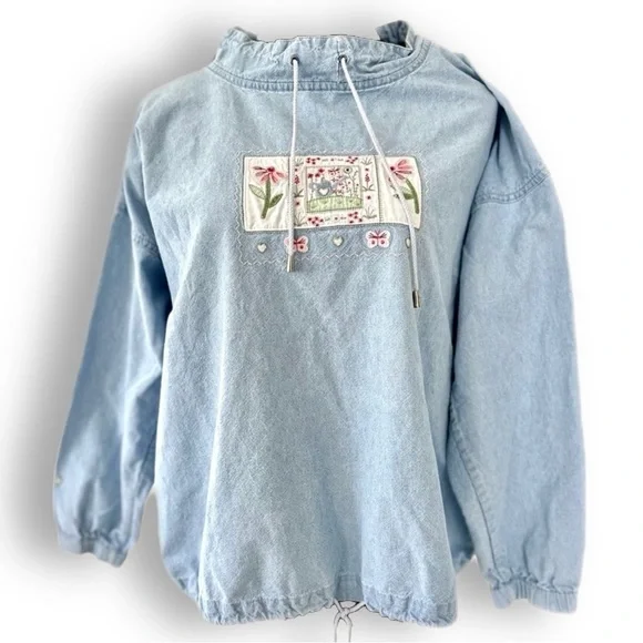 Vint. Christopher & Banks Lightweight Denim Lt. Blue Hearts & Floral Pullover M - Picture 1 of 8